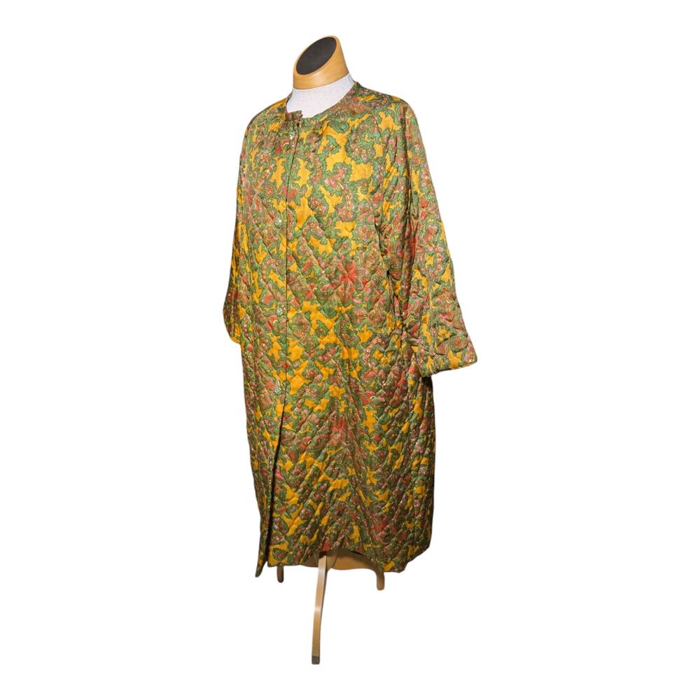Vtg 1950s Saybury Mustard Yellow Green Paisley Quilted Button Up Overcoat M L